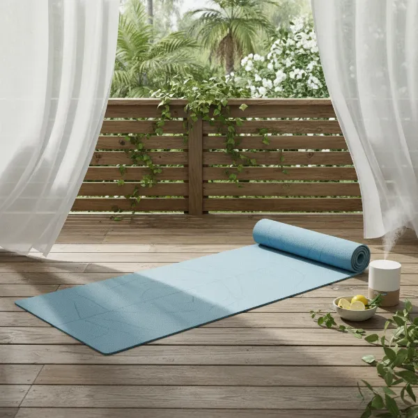 Yoga mat unrolled on balcony in shaded area, fresh air circulating, removing odors.
