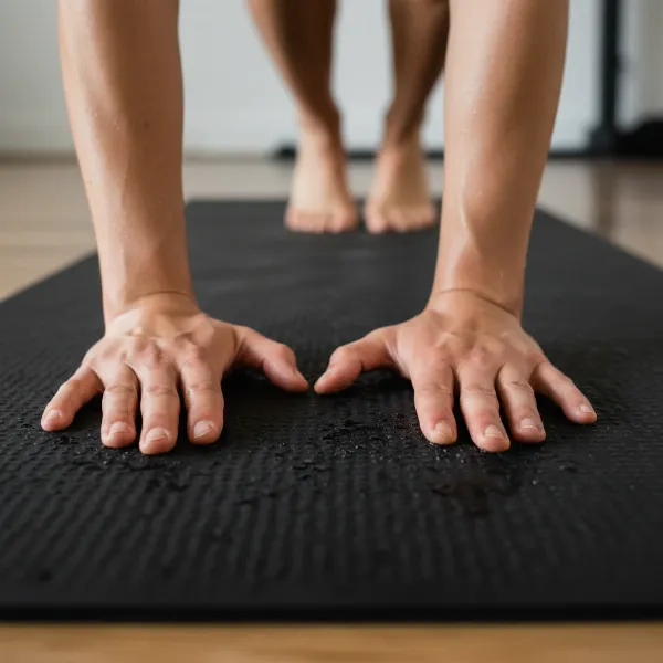 Close-up of hands and feet on a B Mat Strong, highlighting its superior non-slip wet or dry grip.