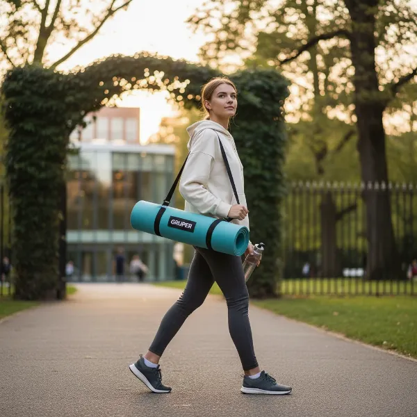 Person easily carrying a rolled-up Gruper TPE yoga mat with its strap, outdoors.