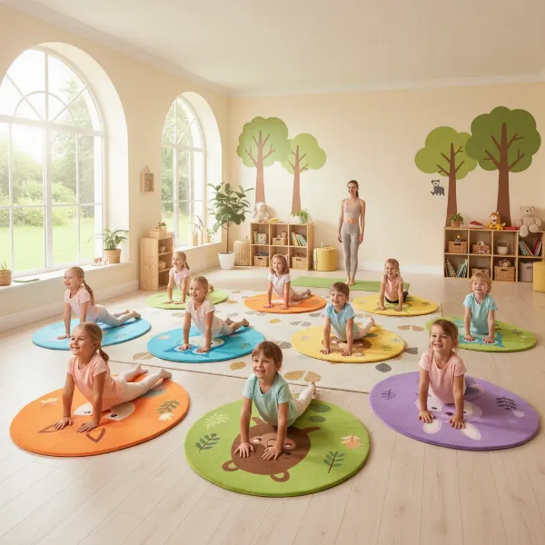 A diverse group of children doing yoga poses on colorful mats with forest animal designs in a bright, inviting room.