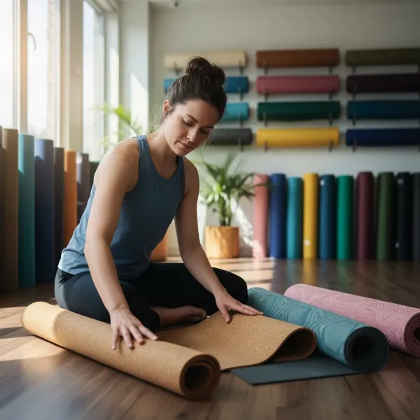 A person thoughtfully selecting a non-slip yoga mat, considering thickness, material, and grip.