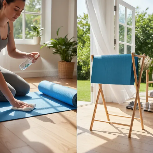 A person cleaning their yoga mat with a spray and cloth, then the mat hanging to air dry, illustrating proper maintenance.