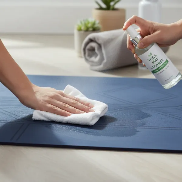 Person wiping down a yoga mat with a spray bottle and cloth for hygiene.