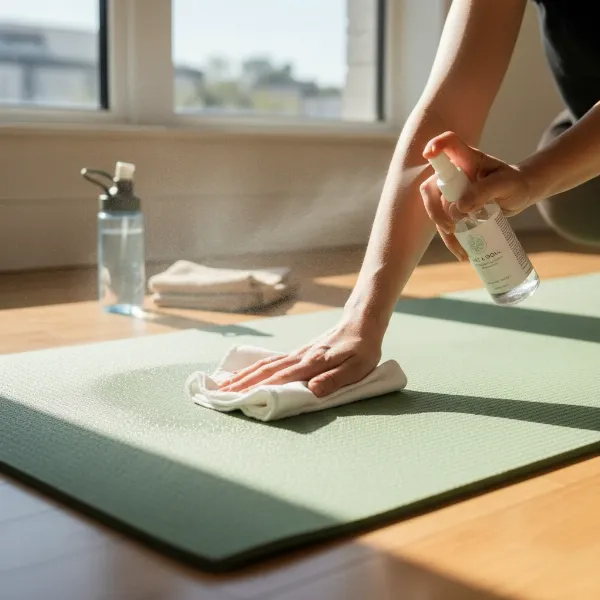 A person cleaning an extra-long yoga mat after a session, emphasizing hygiene for large mats.