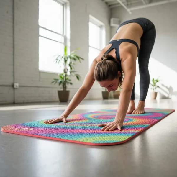 A person practicing yoga on a thick, colorful Clever Yoga Better Grip mat in a bright, modern studio setting.