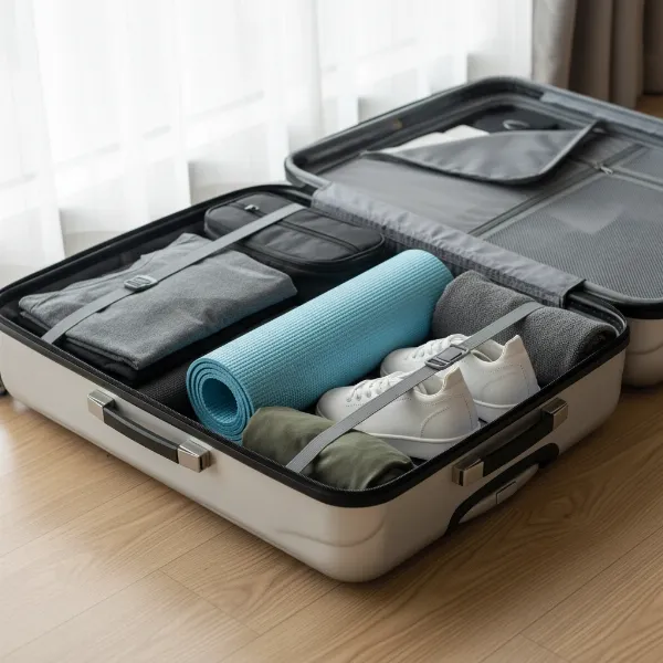 A neatly folded yoga mat placed inside a suitcase next to other travel essentials.