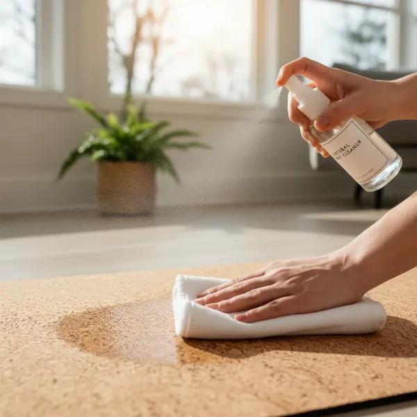 A person gently cleaning their cork yoga mat with a natural spray and soft cloth, in a bright, clean setting, emphasizing proper maintenance.