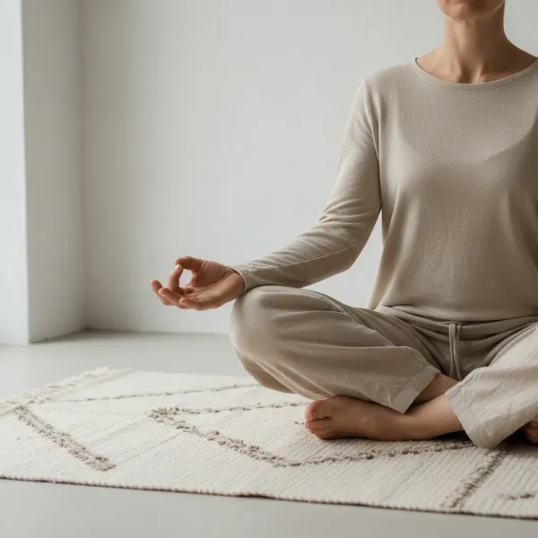 A person meditating on a natural cotton yoga rug in a peaceful setting, representing a mindful yoga practice.