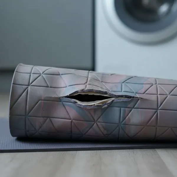A yoga mat showing signs of damage from improper machine washing, such as warping or tearing