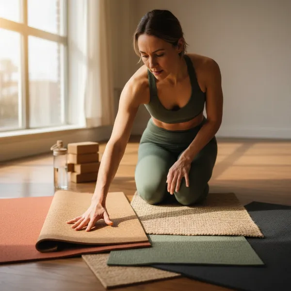 A person inspecting various eco-friendly yoga mats made from natural materials like cork, jute, and natural rubber in a bright, clean yoga studio setting, emphasizing thoughtful selection.