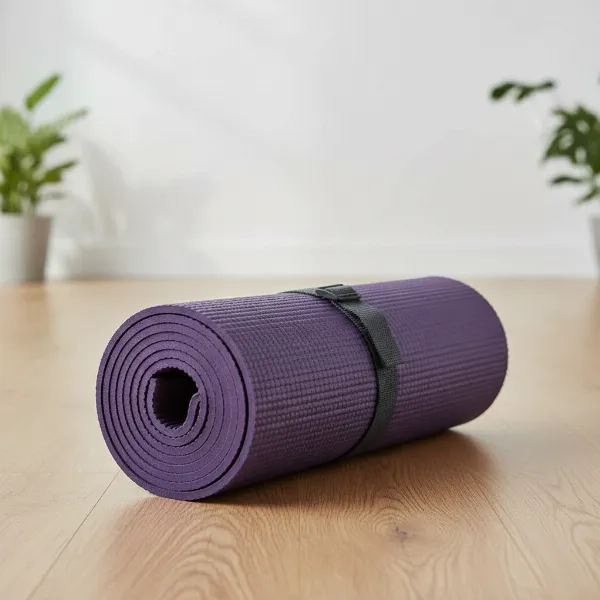 A yoga mat perfectly accordion-folded and secured with a strap on a clean surface.