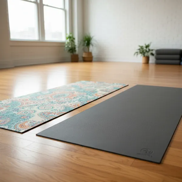 A side-by-side comparison of a colorful Gaiam yoga mat and a sleek Manduka yoga mat, highlighting their aesthetic differences for beginners.