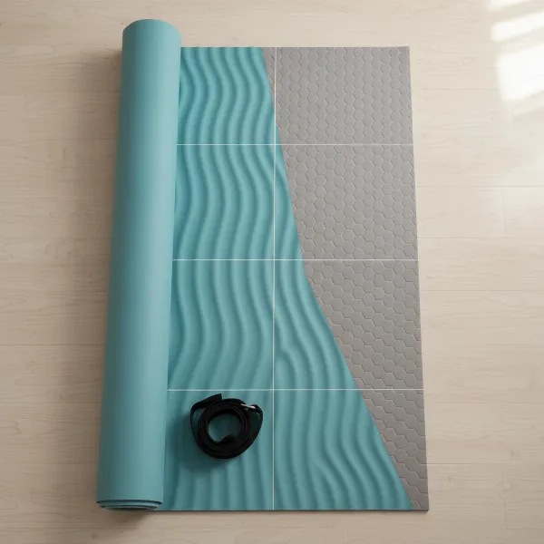 Gruper TPE yoga mat rolled out, showing dual-sided design, texture, carrying strap.