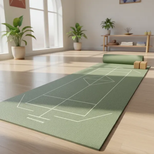 A Heathyoga Eco-Friendly Mat with visible alignment lines on a clean wooden floor, yoga accessories in the background, warm light, clear details, tranquil style