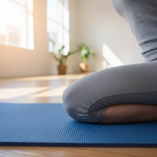 A person performing a yoga pose on a thick, comfortable BalanceFrom GoYoga mat, highlighting joint support.