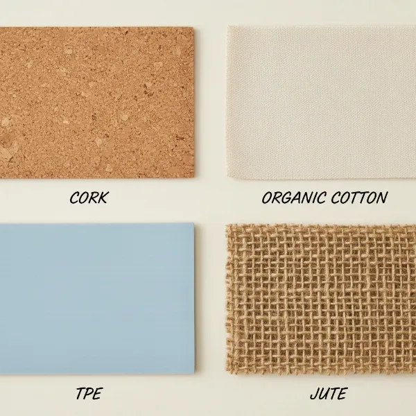 Various latex-free yoga mat materials displayed side-by-side, showcasing their textures and colors