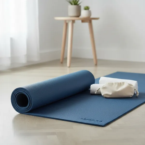 A lightweight, foldable yoga mat showing its portability and key features for travelers