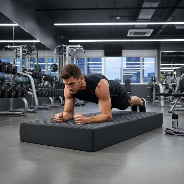 Man performing a plank on a thick black exercise mat, highlighting cushioning.