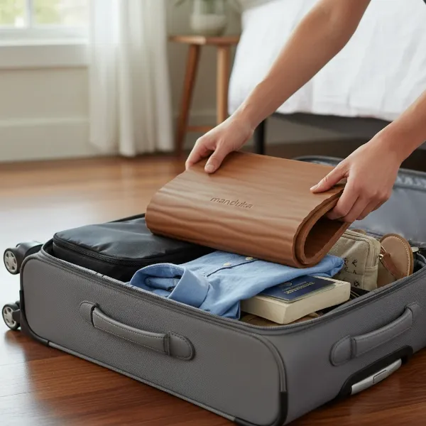 Manduka eKO Superlite yoga mat neatly folded, fitting effortlessly into a travel suitcase