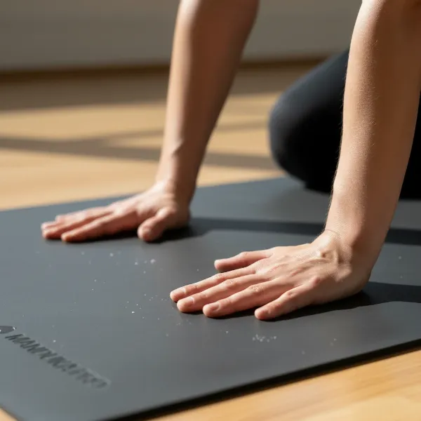 A yogi struggling slightly with grip on a new yoga mat, or using a towel for sweaty hands.