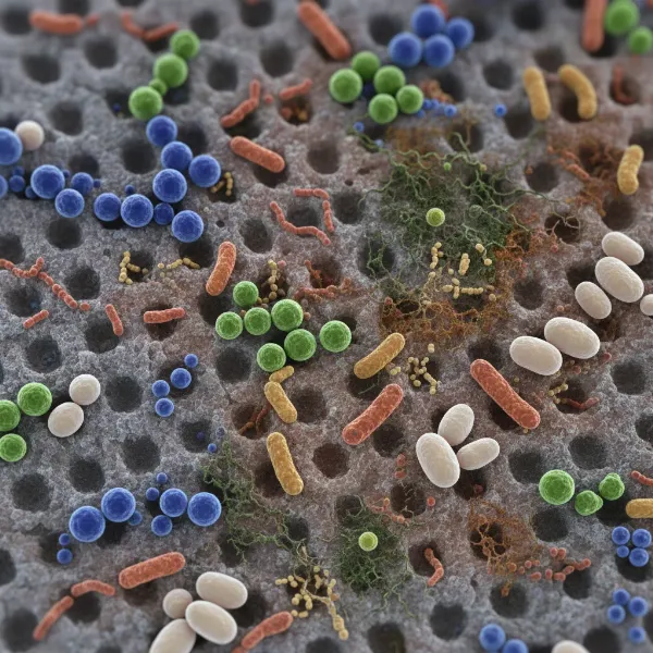 Microorganisms like bacteria and fungi thriving on a yoga mat surface.