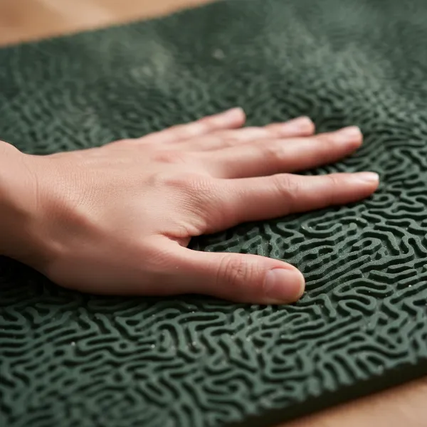 Close-up of a hand demonstrating the superior grip of a natural rubber yoga mat.