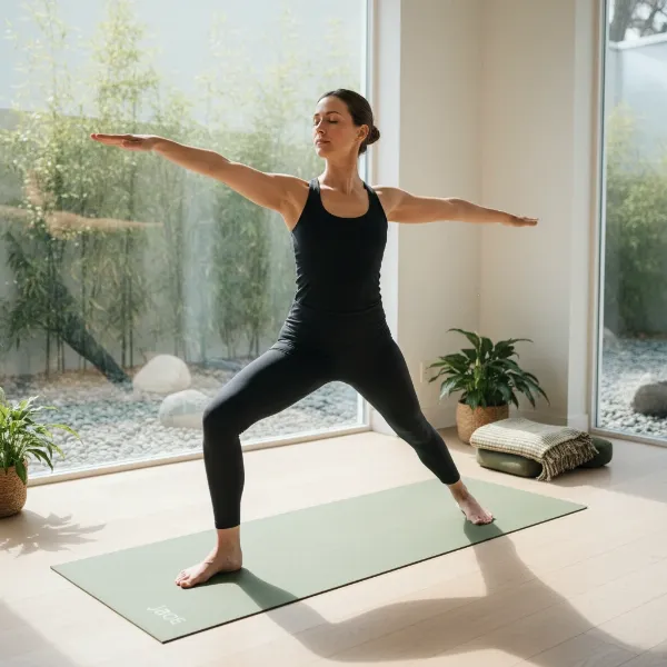 A woman performing a yoga pose on a natural rubber Jade Harmony mat, focused and stable