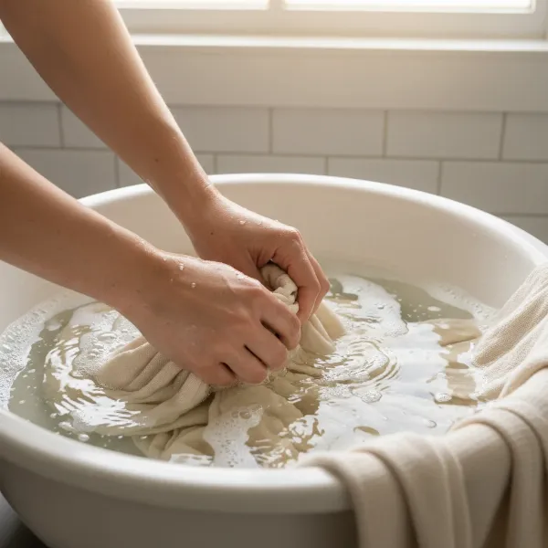 A person gently hand-washing a cotton yoga rug in a basin, demonstrating proper care and maintenance.