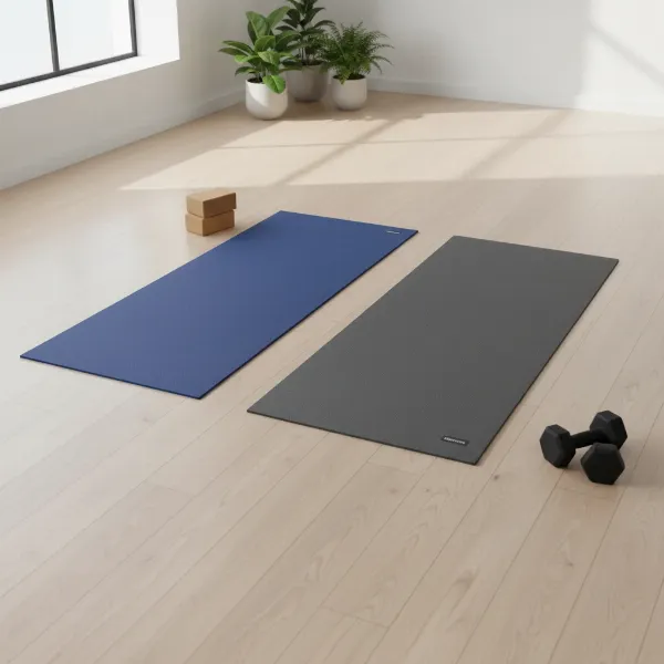 A side-by-side comparison of a thin yoga mat and a thick Pilates mat on a studio floor, highlighting their different thicknesses.