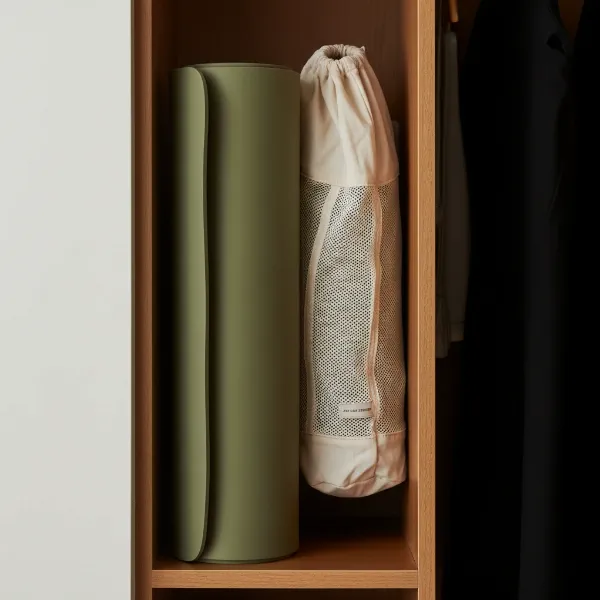 Rolled yoga mat placed in a cool, dry, and shaded storage area.