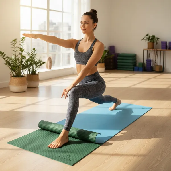 Woman demonstrating versatile double-sided yoga mat, suitable for intense and gentle practices