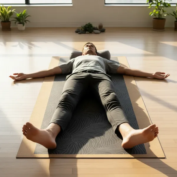 A tall person comfortably stretching in Savasana on a spacious extra-long and wide yoga mat, showing full body extension.