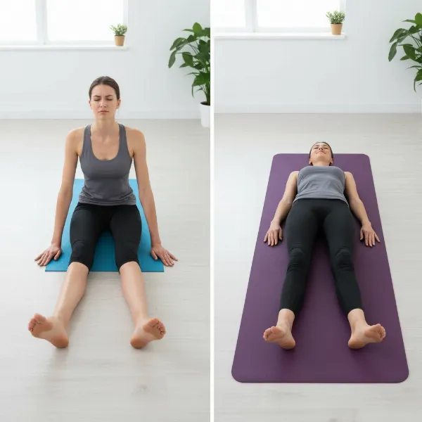 Tall yogi on standard mat versus extra long wide yoga mat illustrating space difference