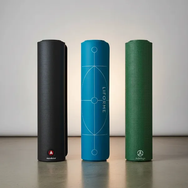 An array of the top-rated non-slip yoga mats from Manduka, Liforme, and JadeYoga, displayed for comparison.