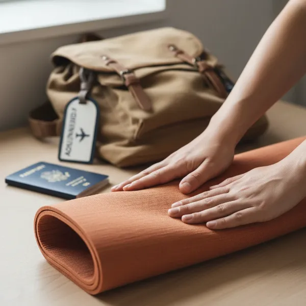 A person folding a lightweight yoga mat into a compact size to fit into carry-on luggage with travel accessories in the background