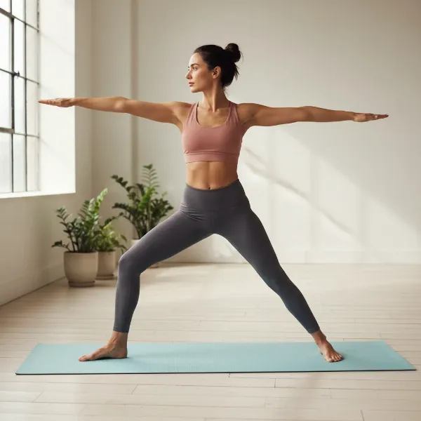 Woman in warrior II pose on a light-colored yoga mat, demonstrating stability.