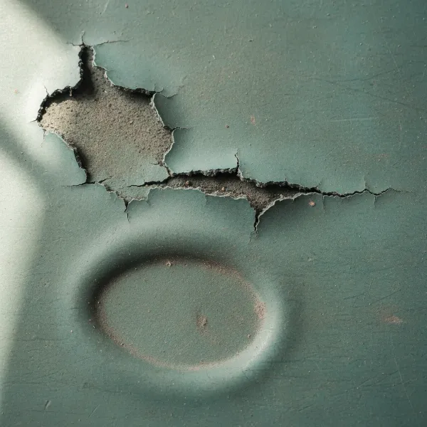 Close-up image of a yoga mat showing severe wear, including cracks, peeling, and thin spots.