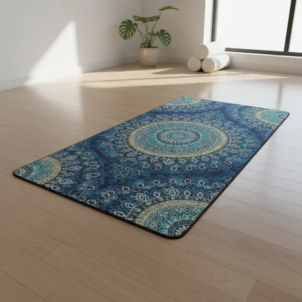 A vibrant Yoga Design Lab Combo Mat with a natural rubber base and microfiber top, showcasing its unique design and texture on a wooden floor.