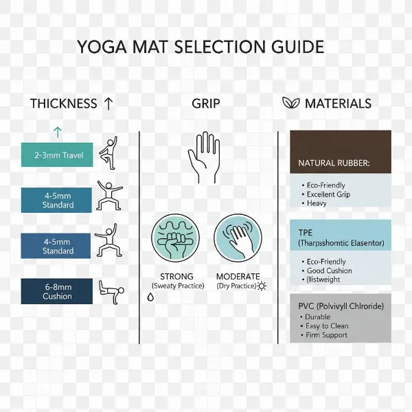 visual guide explaining yoga mat thickness, grip, and material choice