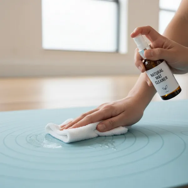 Person gently cleaning a yoga mat with a spray bottle and cloth after a practice session