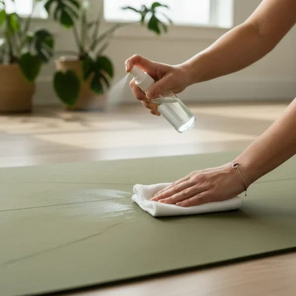 A person wiping down a yoga mat with a spray bottle and cloth after practice, illustrating daily maintenance and care.