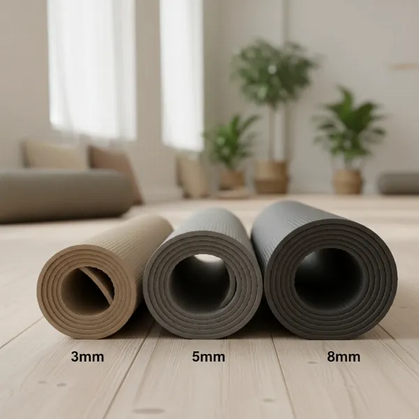 Three yoga mats of 3mm, 5mm, and 8mm thickness rolled up and side-by-side, on a wooden floor in a serene yoga studio setting. The mats are in neutral, calming colors. They highlight the different thickness profiles.