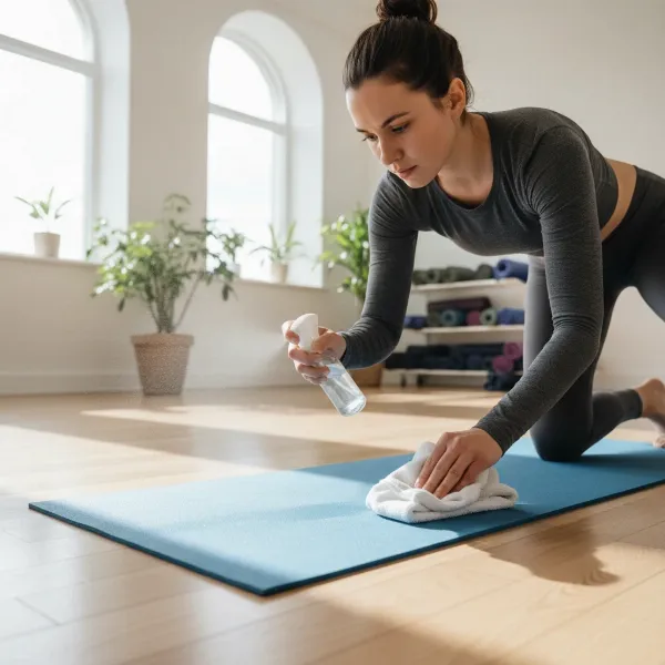 A person wiping down a yoga mat with a spray bottle and cloth after a sweaty class, focusing on hygiene and freshness
