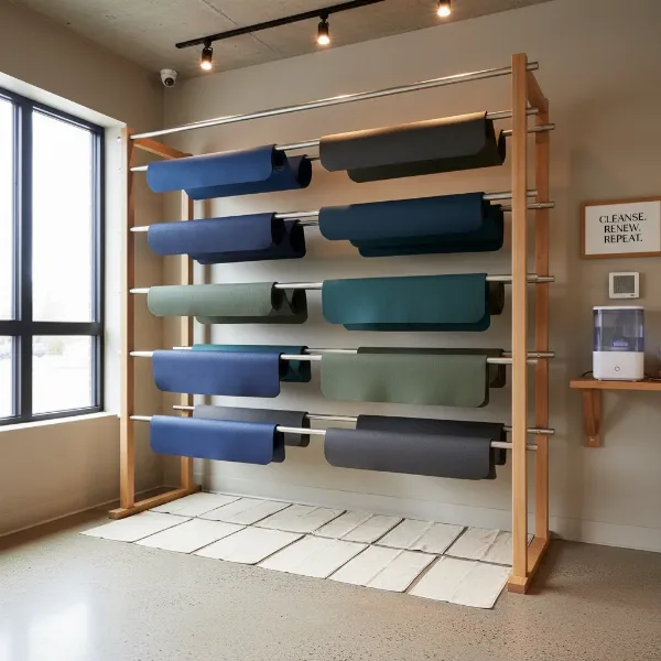 A dedicated yoga mat drying station with multiple mats efficiently drying.