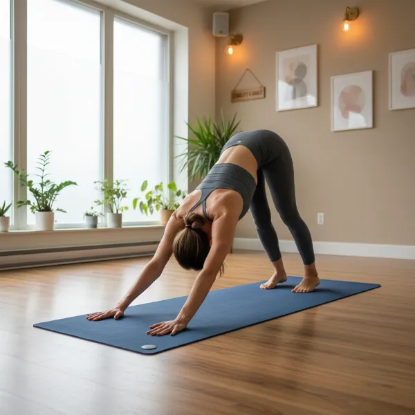 A person performing a yoga pose on a mat, demonstrating stability, cushioning, and focus.