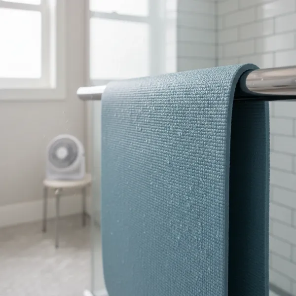 A clean yoga mat hanging to dry over a shower rod in a well-ventilated bathroom after washing, with a small fan in the background assisting with air circulation.