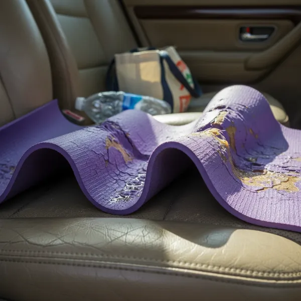 A distorted, warped yoga mat lying on a car seat, illustrating damage from extreme heat