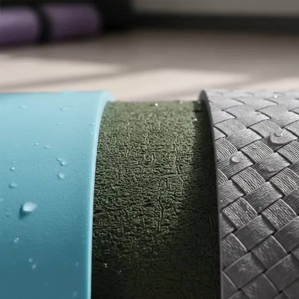 Close-up of different yoga mat material textures like rubber, PVC, and TPE showing grip variations.