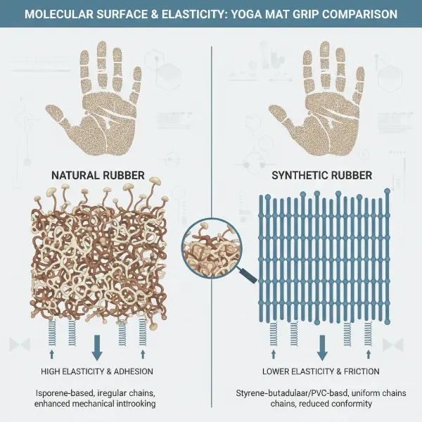 Illustrative image comparing the molecular structure and surface texture of natural rubber and synthetic rubber yoga mats, highlighting grip points