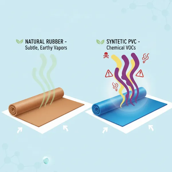 Diagram showing yoga mat off-gassing harmful VOCs, contrasting natural rubber versus synthetic materials.